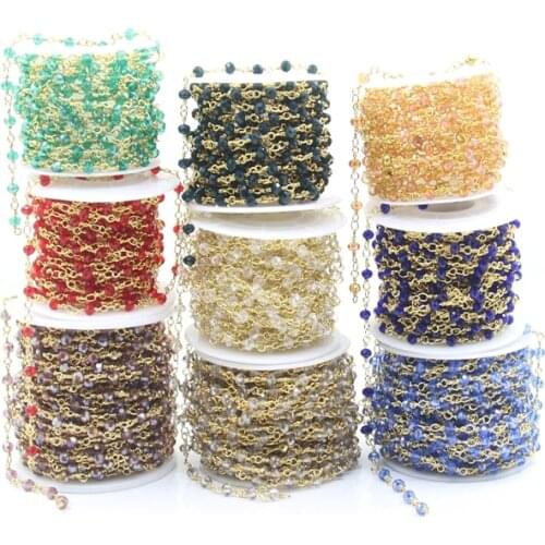 9Color 3x4mm Glass Faceted Rondelle Rosary Chain,Gold Brass Wire Wrapped Glass Beads Link Chain,DIY Necklaces Earring Bracelet