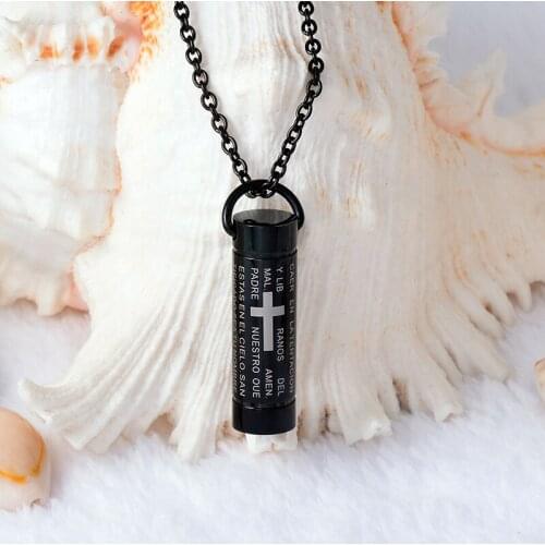 Black Cylinder Cross and Bible Engraved Cremation Pendant Urn Necklace Memorial Jewelry for Grandfathers ashes