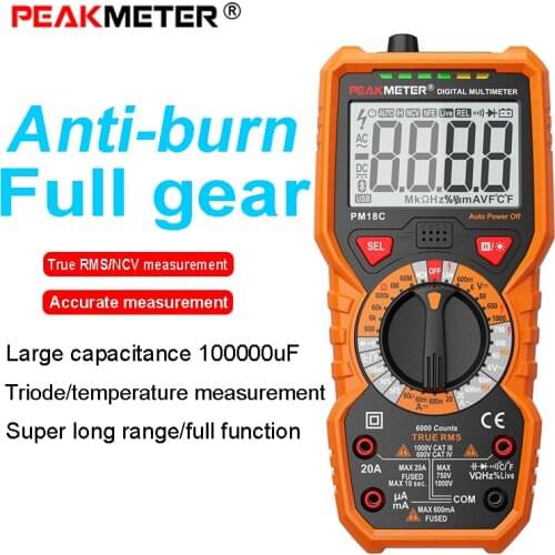PEAKMETER Digital Multimeter 6000 Counts Transistor Tester Meter Measuring True RMS AC/DC Voltage Resistance Capacitance