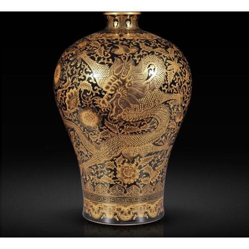 Huang Kiln Jingdezhen Imitation Qianlong Sacrifice Orchid Gold Dragon Plum Bottle Living Room Decoration porcelain ceramic vase