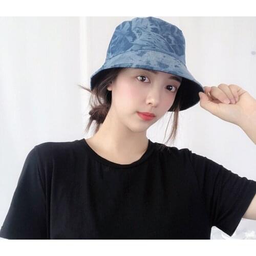 Denim Bucket Hat Women Blue Print Sun Protection Causal Soild Dome Fishman Hat Outdoor Fashion Double-side Caps Free Shipping