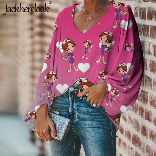Jackherelook Cute Cartoon Nursing/Doctor Designer Fashion Women Blouse 2020 Plus Size Female Tops Spring Girls Chiffon Shirts
