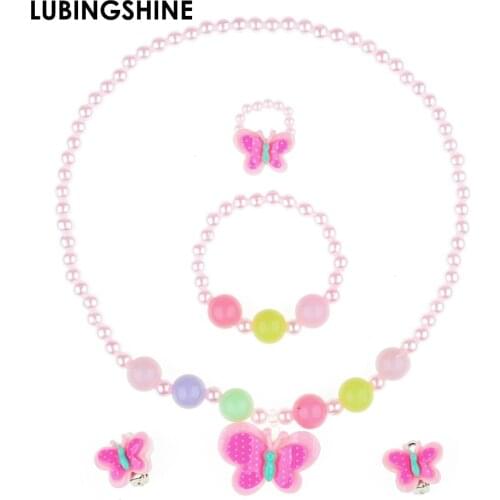 2017 Children Pretty Butterfly Jewelry Set Necklace Bracelet Ring Earrings Baby Kids Girls jewelry set JJAL T4
