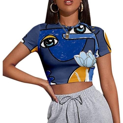 Slim-fit Graffiti Short Sleeve Crop Top Women 2021 Summer Blue Brown Tight Plain Sexy T-shirt Streetwear Ladies