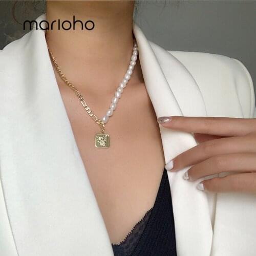 Marioho Fashion Asymmetric Baroque Shaped Pearl Necklace Temperament Square Pendant Clavicle Chain For Women Party Jewelry Gifts