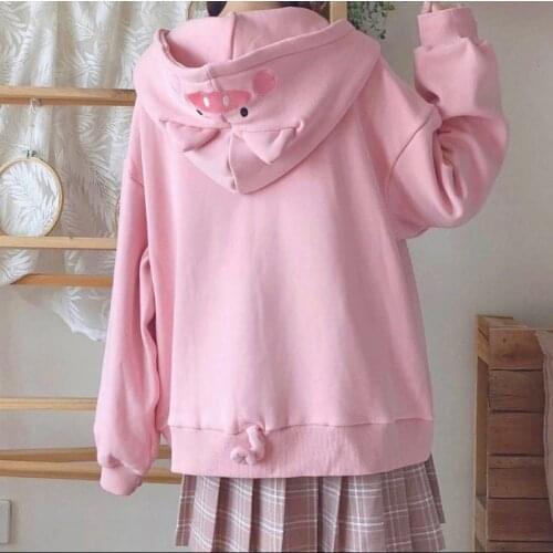 Preppy style sweet pink cardigan hoodie female Autumn winter cute piggy ear casual top loose Harajuku kawaii zipper Outerwear