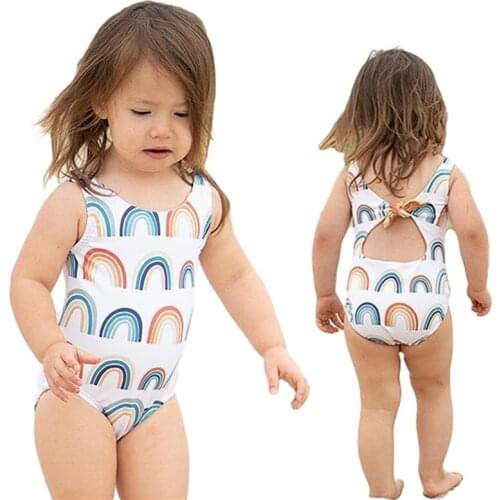 Cute Toddler Girls Rainbow Printed One-piece Swimsuit Round Neck Sleeveless Rainbow Pattern Bodysuit Swimwear Bathing Suits