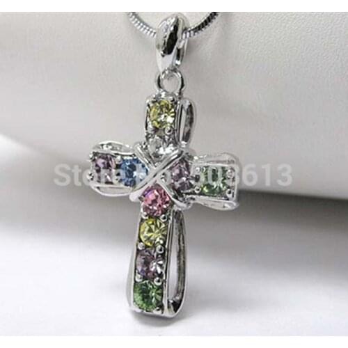 Fashion Cross Necklace Multi Color Crystal Rhinestone Pendant Necklace with 45cm Snake Chain one piece xy121