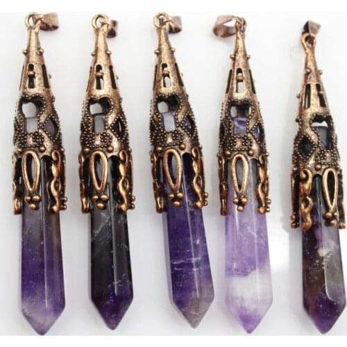 Wholesale 6pcs Natural stone crystal aventurine opal copper colour hexagon pendulum pendant amulet healing chakra charm jewelry