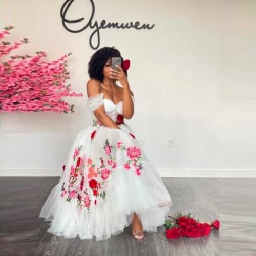 Puffy Embroidery Dresses Elegant Long Party Dress Tulle Off Shoulder White Prom Dress For Wedding Lush Puffy Floor Length 2021