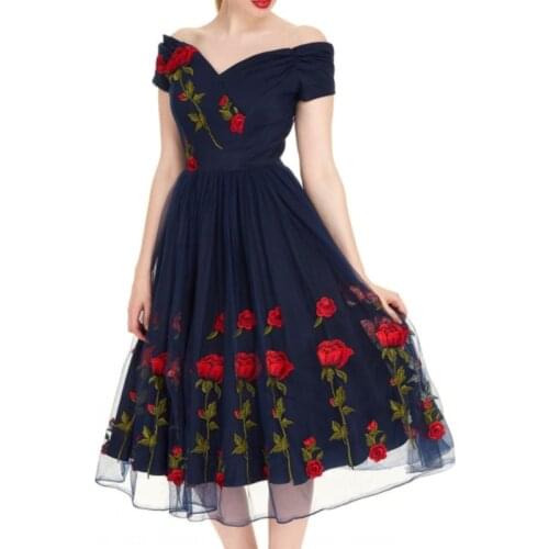 Plus Size 5XL Women Vintage Off Shoulder Mesh Lace Summer Dress Retro Rockabilly Big Swing Party Dresses