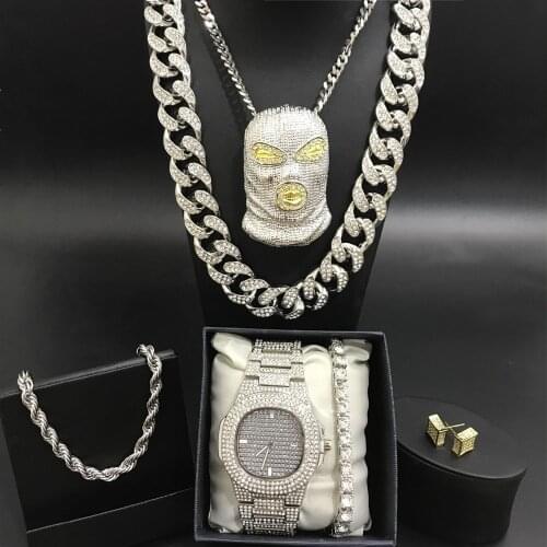 Luxury Men Silver Color Watch Hip Hop Men Watch & Necklace & Braclete&Ring Combo Set Ice Out Cuban Crystal Miami Hip Hop For Men