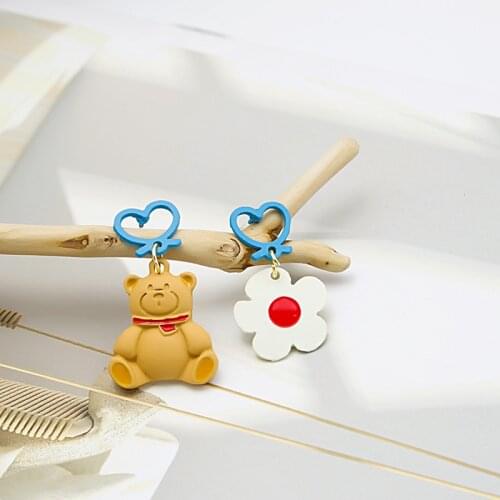 Silver needle creative asymmetric bear flowers earrings girl heart contracted small pure and fresh and joker stud earrings