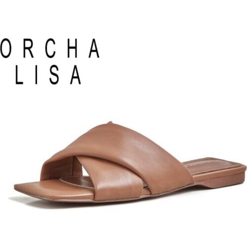 Shoes Women Natural Soft Genuine Leather Flat Slippers Square Toe Ladies Slides Summer Beach Sandals Multi color