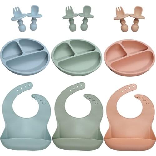 Baby Stuff Silicone Tableware Waterproof Solid Color Bib Sucker Food Bowl Set Toddler Dinner Plate With Mini Fork And Spoon