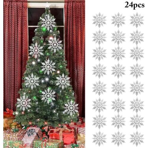 24pcs/bag Snowflakes Christmas Decoration Xmas Tree Hanging Ornament Holiday Garden Christmas Wedding Party Snow Flakes Decor