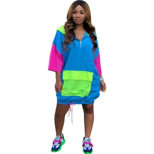 Plus Size Loose Casual Dress Women Streetwear Oversized Knee-length Dress Ladies Hooded Pocket Patchwork Autumn Dresses Vestidos