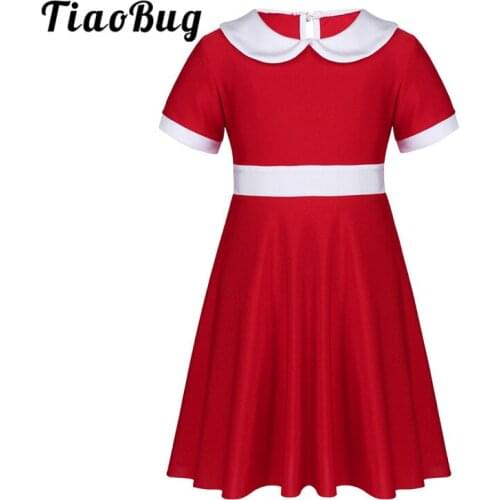 TiaoBug Kids Girls Short Sleeves White Collar Christmas Costume Knee Length Red A-line Dress for Child Xmas Party Dress Up