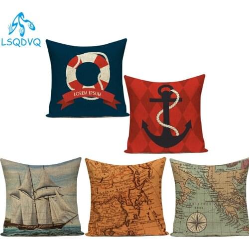Vintage Style Mediterranean Sailing Boat Anchor Map Decorative Pillows Cojines Polyester Retro Cushion Cover for Living Room