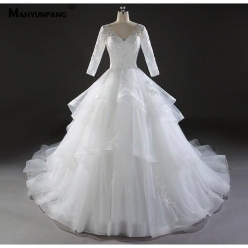 High-End V-Neck Sequins Chapel Train Full Sleeve Wedding Dress for Women Elegant Embroidery Appliques Tulle Bridal Ball Gown