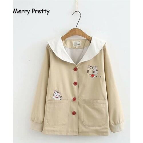 XUANHAO Women Cartoon Embroidery Basic Jacket 2020 Winter Long Sleeve Sailor Collar Jacket Casual Single Breasted Outerwear