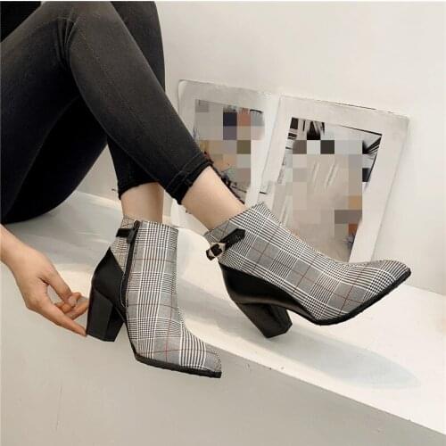YMECHIC 2019 Arrival Black Brown Plaid Womens Boots Buckle Block High Heels Fashion Ladies Shoes Booties Winter Woman Footwear