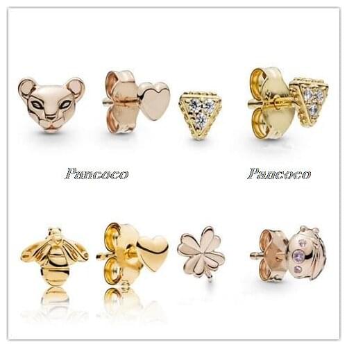 Authentic 925 Sterling Silver Earring Rose Lion Princess & Heart Stud Earrings For Women Wedding Gift Fashion Jewelry