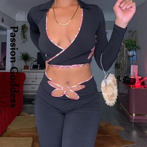 Sexy Y2k Women 2 Piece Butterfly Shape Pants Sets Lace-up Bandage Long Sleeve Crop Top Hollow Out Flare Pants Two Piece Outfits