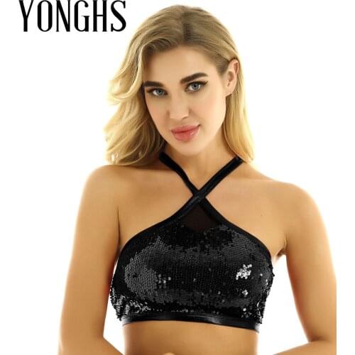 Women Pole Dance Crop Top Sparkly Sequins Halter Neck Sleeveless Back Cross Bustier Bra Vest Crop Tops for Raves Dances Clubwear