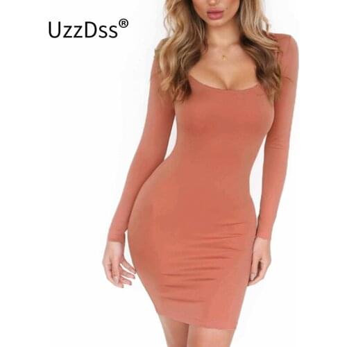 UZZDSS Women Solid Long Sleeve Elastic Slim Autumn Winter Dress Black Square Collar Mini Bodycon Dress