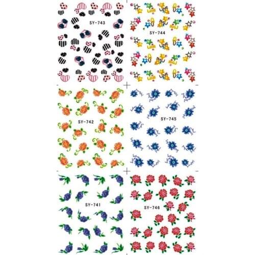 6 PACK/ LOT GLITTER WATER DECAL NAIL ART NAIL STICKER FLOWER VINE ROSE LILAC ROSEBUSH SWEET HEART STAR SY741-746