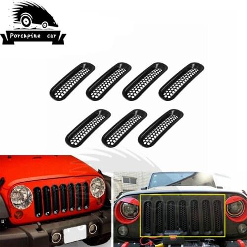ABS Front Mesh Grille Trim Cover Car Front Grille Ring Knob Insertion Styling Hood Sticker For 07-16 Jeep Wrangler JK