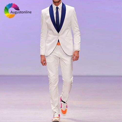 White Men Suit Royal Blue Shawl Lapel Jacket Pants 2Piece Men Wedding Suit Best Man Blazer Costume Homme Slim Fit Groom Tuxedo