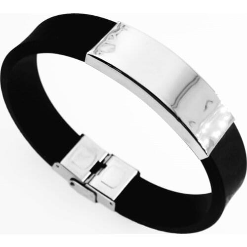 14mm 21.5cm Mens ID Bracelet DIY Logo Black Silicone Bangles Men Punk Stainless Steel Bracelets Wristband Fashion jewelry
