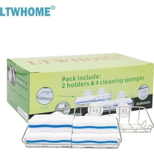LTWHOME Stainless Steel Suction Soap Sponge Holder with 4 Cleaning Sponges for Kitchen, Bathroom