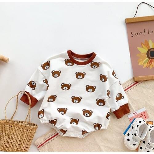 2021 Brand New Newborn Baby Boy Autumn Causal Bodysuits Bear Print Long Sleeve Baby Clothes Infant Girl Warm Jumpsuts 0-24M