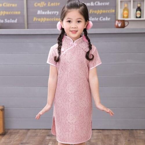 2020 Summer Girls cheongsam Retro Lace Children qipao Chinese chipao Mandarin gown for girl High-necked short Sleeve dress Kids