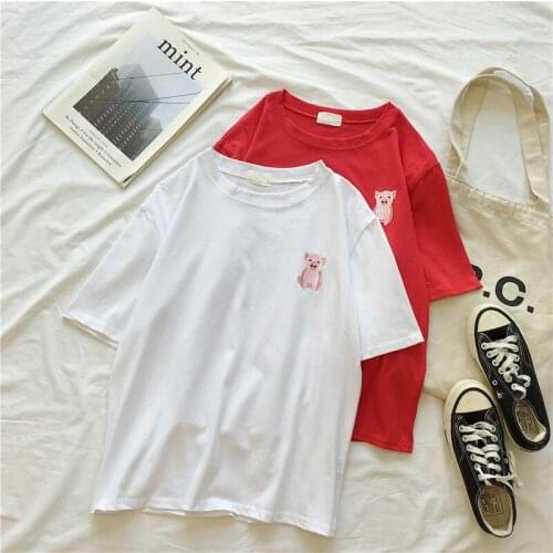 Zuolunouba Summer Ladies T Shirt Cute Cartoon Animal Embroidery Harajuku O Neck Casual Loose Shirt Short Sleeved Tees Tops Women