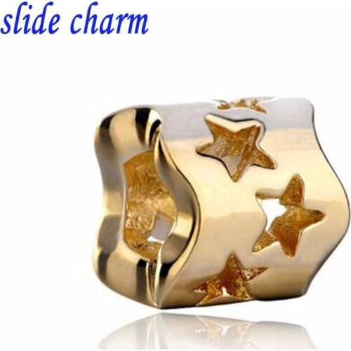 Slide charm wholesale Free shipping Filigree Vintage Antique Pretty Star Golden Beads Charms Bracelets