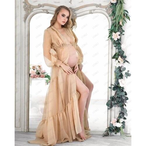 LO&LI Maternity Sexy Bathrobe Long Sleeve Chiffon Perspective Nightgown Wedding Bridal Robe Maxi Photography Dress