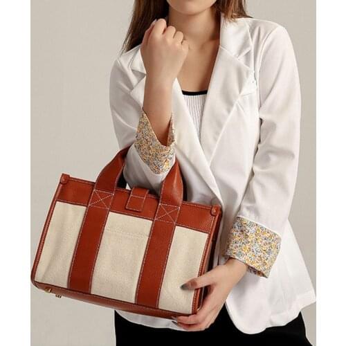 Canvas Cow Leather Tote for Women Weekend Fashion Korean Female Handbags Back to Work Vintage Ladies Crossbody Shoulder Bag 2021