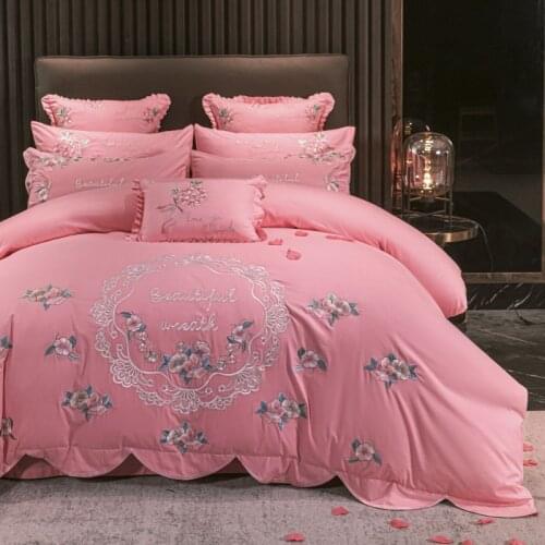 Luxury Pink Red 100% Cotton Flowers Embroidery Chinese Wedding Bedding Set Duvet Cover Bed Sheet Pillowcases 4/7Pcs Home Textile