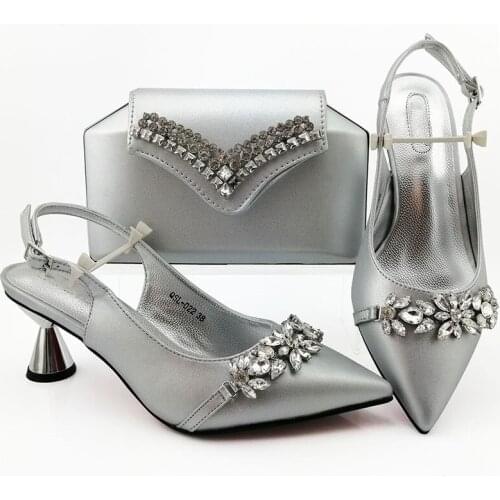 Hot sale silver women pumps with crystal decoration african dress shoes match handbag set QSL022,heel 7CM