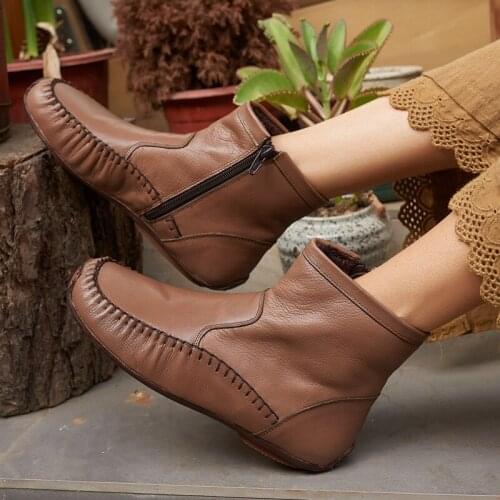 Careaymade-New Pure handmade boots,Old sewing side zipper round head low heel Plush warm and comfortable Martin boots,2 colors