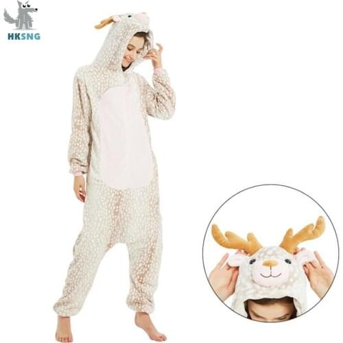 Flannel New Kigurumi Adult Mule Deer Onesie Cartoon Pajama Animal Halloween Party Costume Jumpsuits Hooded Pyjamas Suit