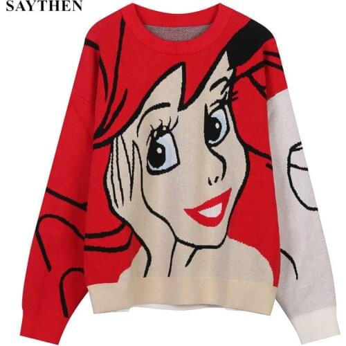 SAYTHEN Autumn And Winter New Womens Round Neck Long-Sleeved Cartoon Avatar Shape Knitted Pullover