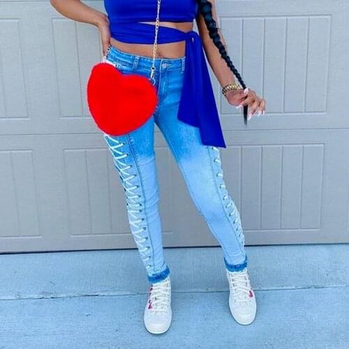 Bandage Jeans High Waist Clothes Pencil Denim Clothing Blue Streetwear Vintage 2021 Fashion Harajuku Skinny Lace-up Pants Pants