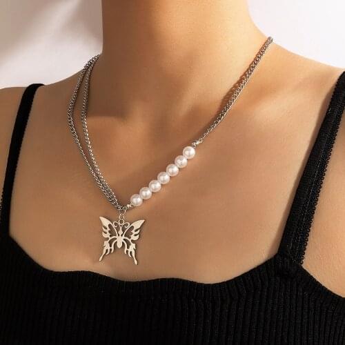 Punk Butterfly Pendant Necklace for Women Men Metal Link Pearl Chain Hip Hop Gothic Neck Chains Collar Silver Color Goth Jewelry