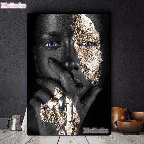 Full Square Drill 5D Diamond Painting Portrait DIY Diamond Embroidery African Art Black And Gold Woman Mosaic Wall Art Poster