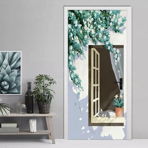 PVC Self-Adhesive Waterproof Door Sticker Nordic INS Windowsill Flowers Wallpaper Living Room Bedroom Home Decor 3D Door Decal